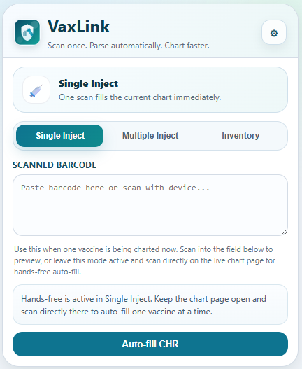 Screenshot of VaxLink single injection workflow